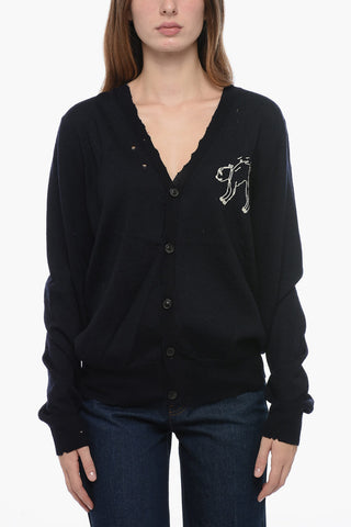 MM1 Cardigan in Lana Distressed con Ricamo a Contrasto