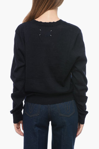 MM1 Cardigan in Lana Distressed con Ricamo a Contrasto