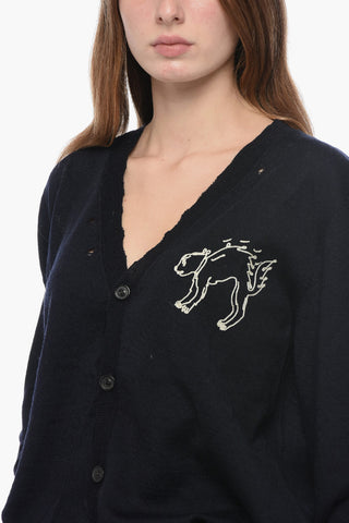 MM1 Cardigan in Lana Distressed con Ricamo a Contrasto
