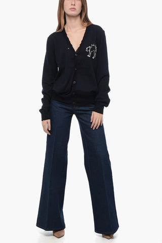 MM1 Cardigan in Lana Distressed con Ricamo a Contrasto
