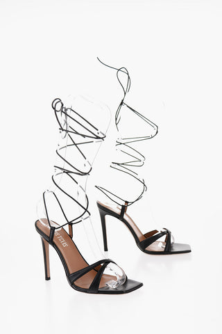 Square Toe Leather Lace-up Sandals Heel 10.5cm