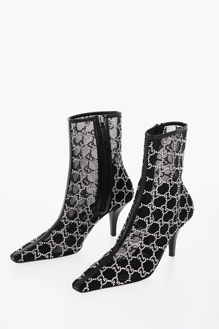 Mesh Ankle Boots with All-Over Rhinestone Monogram 8,5cm