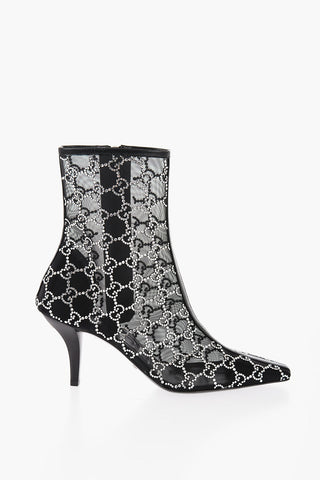 Mesh Ankle Boots with All-Over Rhinestone Monogram 8,5cm