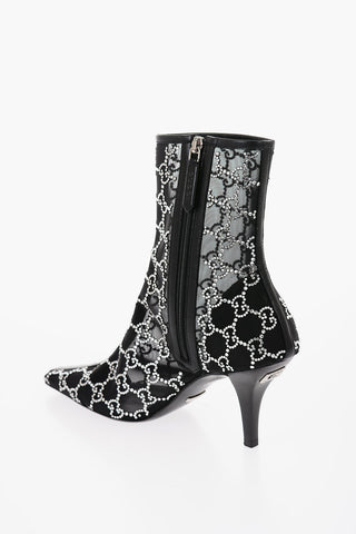 Mesh Ankle Boots with All-Over Rhinestone Monogram 8,5cm