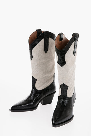 Crocodile-Effect Leather And Canvas ROSARIO Western Boots with Heel 7,5cm