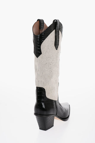 Crocodile-Effect Leather And Canvas ROSARIO Western Boots with Heel 7,5cm