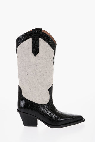 Crocodile-Effect Leather And Canvas ROSARIO Western Boots with Heel 7,5cm