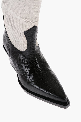Crocodile-Effect Leather And Canvas ROSARIO Western Boots with Heel 7,5cm