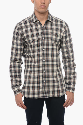 Camicia Motivo Plaid con Collo Francese
