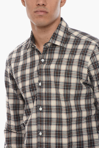 Camicia Motivo Plaid con Collo Francese