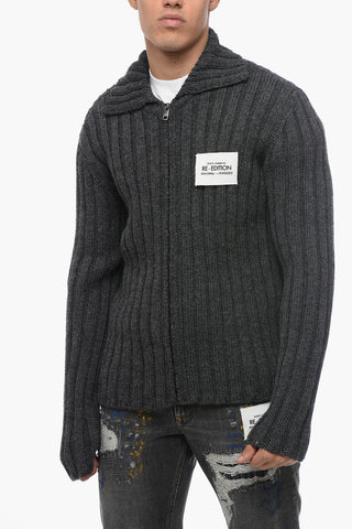 RE-EDITION Ribbed Virgin Wool Sweater with Front Zip