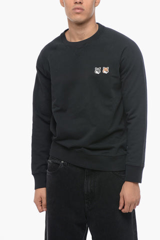 Crew Neck Brushed Cotton Sweatshirt with Embroidered Patches