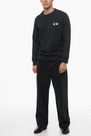 Crew Neck Brushed Cotton Sweatshirt with Embroidered Patches