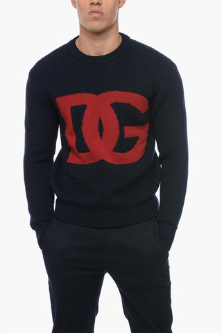 Crew Neck Virgin Wool Sweater with Jacquard Logo