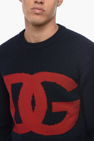 Crew Neck Virgin Wool Sweater with Jacquard Logo