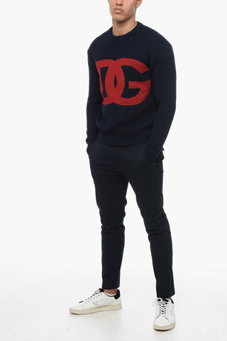 Crew Neck Virgin Wool Sweater with Jacquard Logo