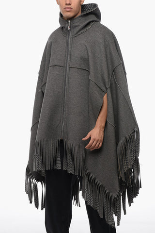 Hooded Wool Cape With Fringed Bottom