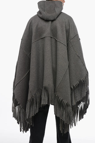 Hooded Wool Cape With Fringed Bottom
