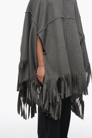 Hooded Wool Cape With Fringed Bottom