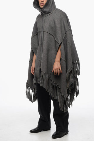 Hooded Wool Cape With Fringed Bottom