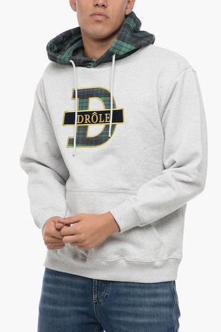 Brushed Cotton Hoodie with Plaid Motif Details