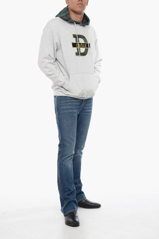 Brushed Cotton Hoodie with Plaid Motif Details
