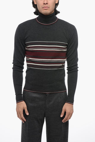 Turtleneck Virgin Wool Sweater with Unbalanced Stripe Motif