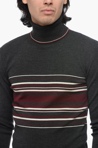 Turtleneck Virgin Wool Sweater with Unbalanced Stripe Motif