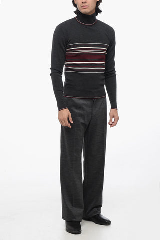 Turtleneck Virgin Wool Sweater with Unbalanced Stripe Motif