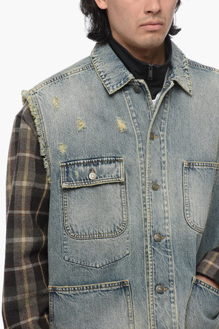 Giubbotto In Jeans Con Maniche In Lana A Quadri