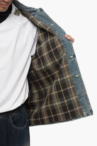 Giubbotto In Jeans Con Maniche In Lana A Quadri