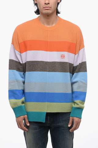 Crew Neck Wool Sweater with Multicolor Striped Motif