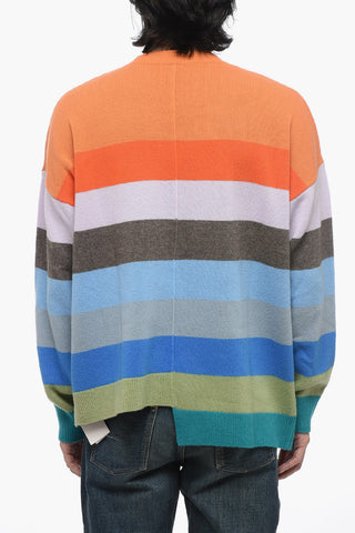 Crew Neck Wool Sweater with Multicolor Striped Motif