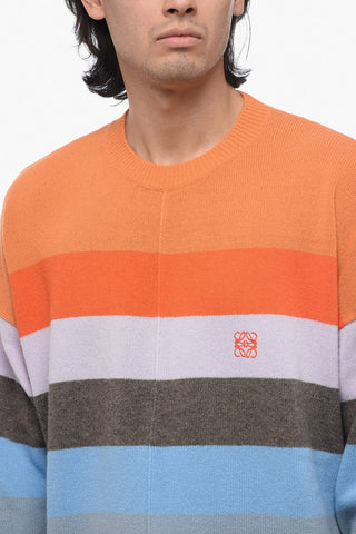 Crew Neck Wool Sweater with Multicolor Striped Motif