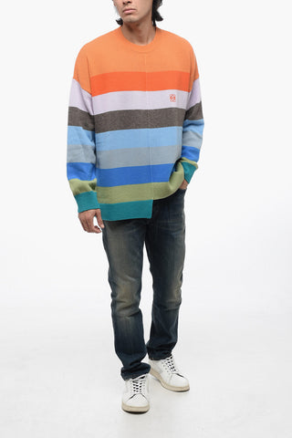 Crew Neck Wool Sweater with Multicolor Striped Motif