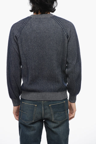 Two-Tone Cashmere Crew Neck Sweater with Ribbed Design
