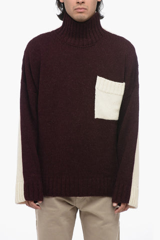 Pullover Bicolore in Lana con Taschino a Contrasto