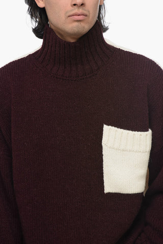 Pullover Bicolore in Lana con Taschino a Contrasto