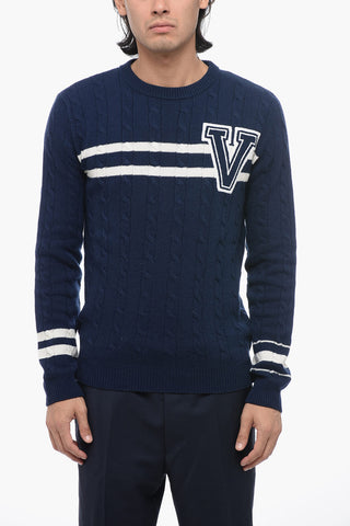 Crew Neck Aran Wool Sweater with Embroidered Logo