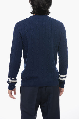 Crew Neck Aran Wool Sweater with Embroidered Logo