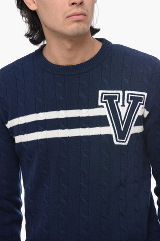Crew Neck Aran Wool Sweater with Embroidered Logo