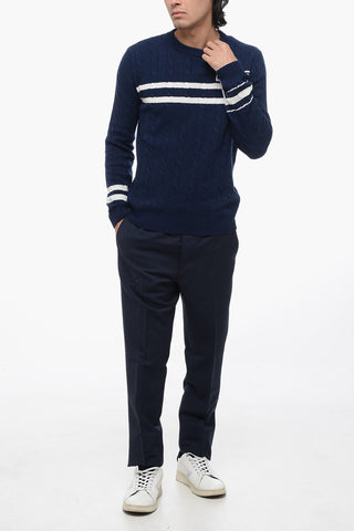 Crew Neck Aran Wool Sweater with Embroidered Logo
