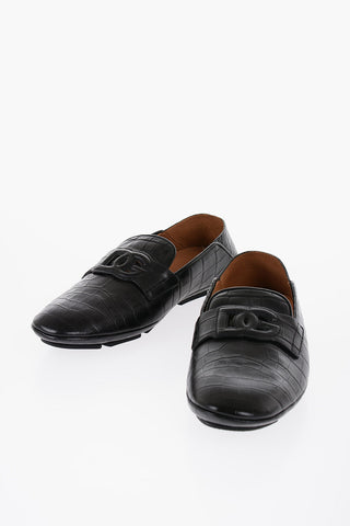 Crocodile-Effect Leather DRIVER Loafers with Embossed Logo
