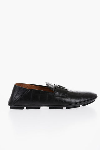 Crocodile-Effect Leather DRIVER Loafers with Embossed Logo
