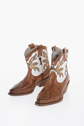 Two-Tone Leather Western Boots with Side Zip Heel 5cm