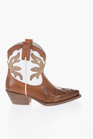 Two-Tone Leather Western Boots with Side Zip Heel 5cm
