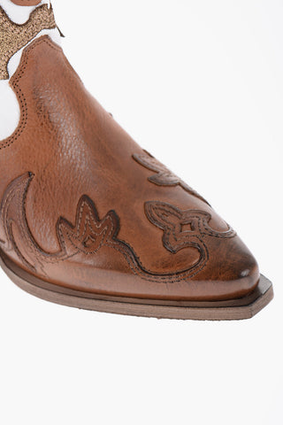 Two-Tone Leather Western Boots with Side Zip Heel 5cm