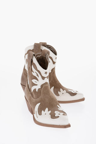 Two-Tone Suede Western Boots with Side Zip Heel 5cm