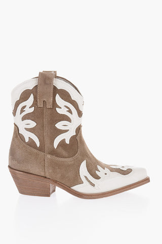 Two-Tone Suede Western Boots with Side Zip Heel 5cm