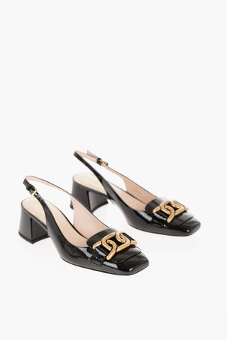 Patent Leather Slingback Pumps with Golden Effect Horsebite and Heel 5,5cm